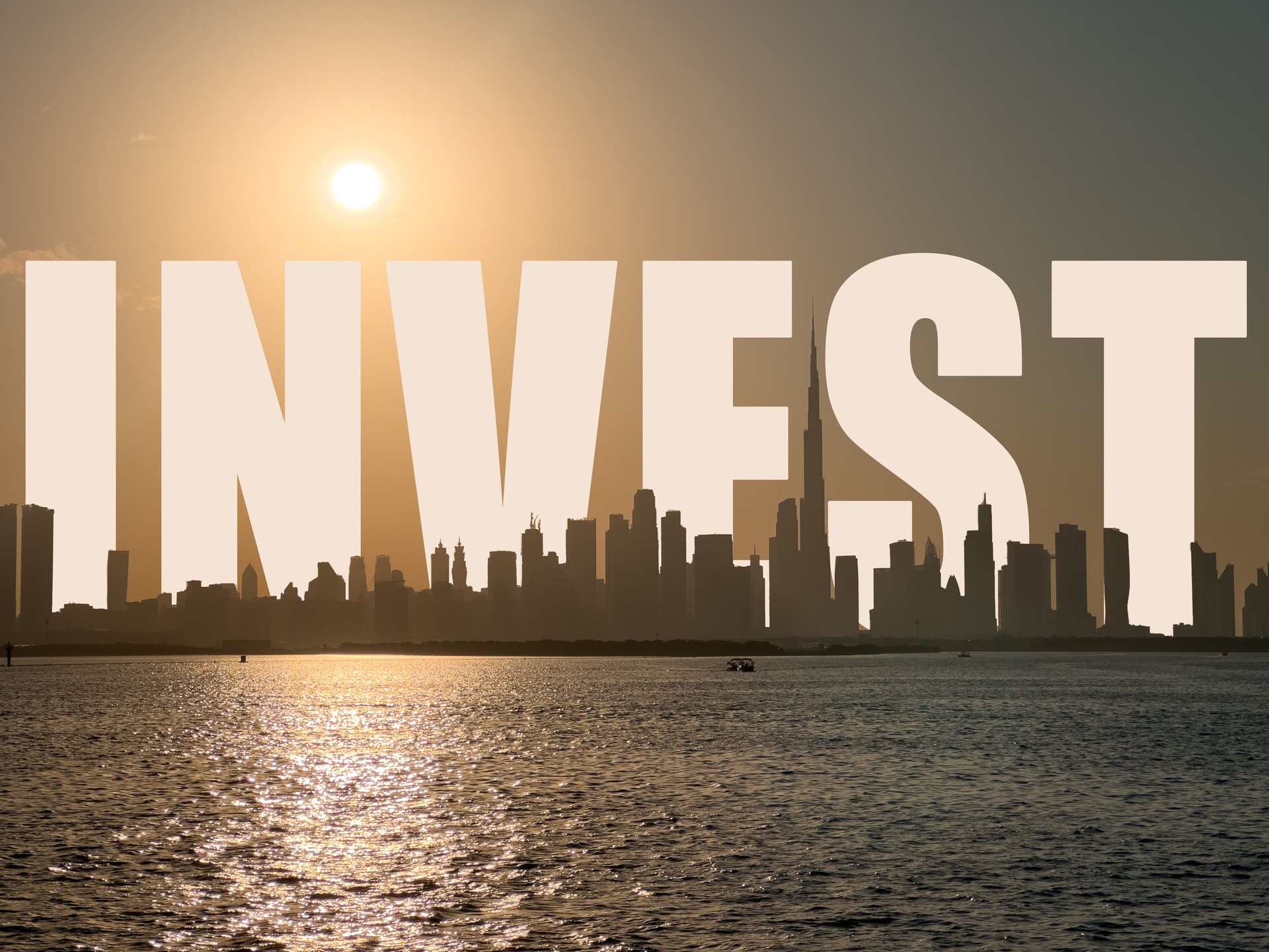 Invest in Dubai Real Estate Stock photo of Dynamic sunset over Dubai skyline, Downtown Dubai view, HD background