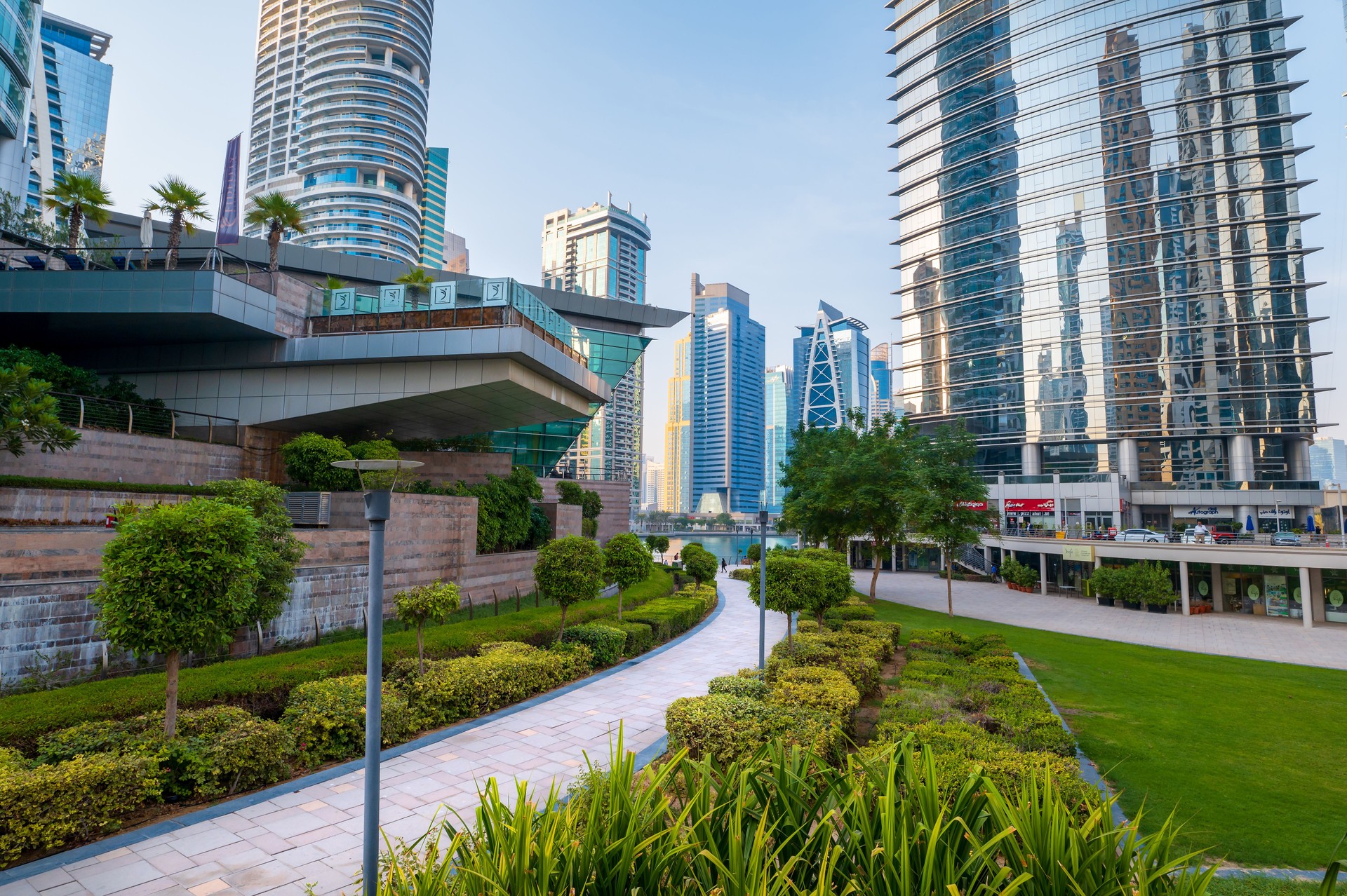 Jumeirah Lakes Towers in Dubai a large residential and business complex of skyscrapers rising above artificial lakes in Dubai marina area of UAE